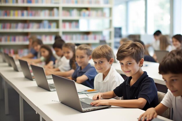 A group of children are sitting at a computer with the word " on the back of the laptop "