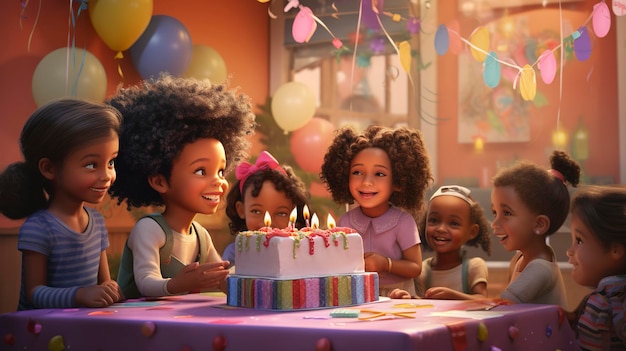 Группа детей сидит за столом с тортом с числом 3 на нем
