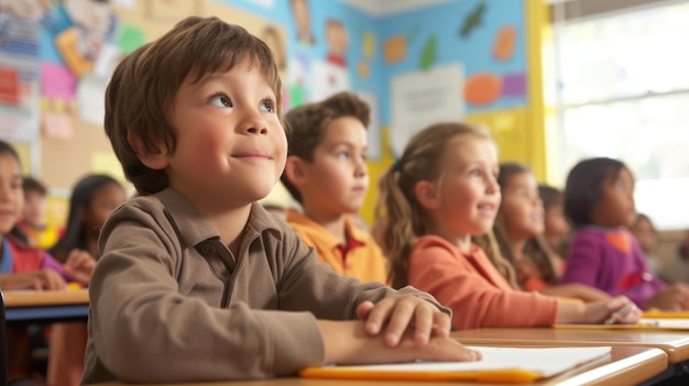 A group of children are sitting at their desks in a classroom AIG41