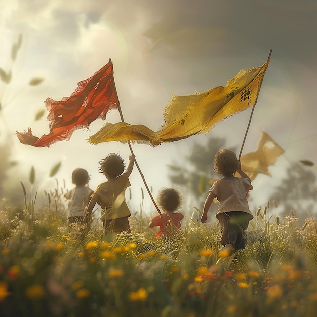 a group of children are standing in a field with a red flag that sayston it