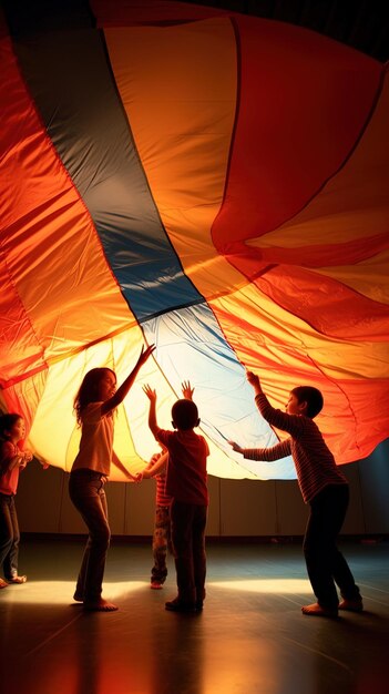 a group of children are standing in front of a large flag.