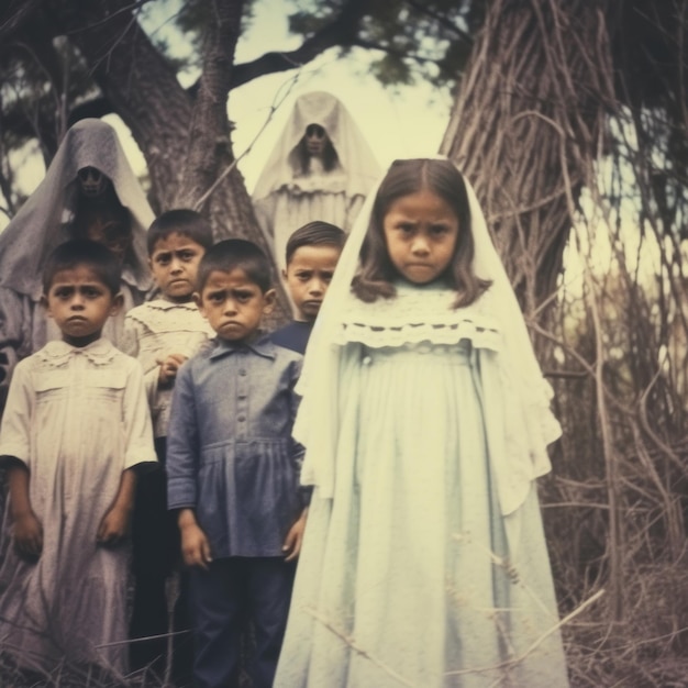 a group of children are standing in front of a tree.