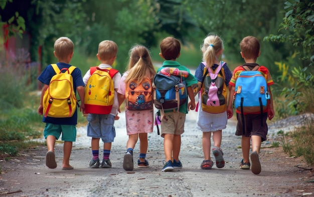 A group of children are walking down a path each carrying a backpack