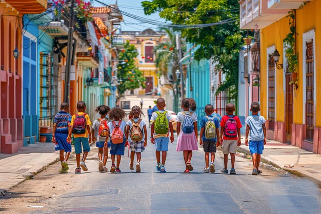 A group of children are walking down a street some of them carrying backpacks