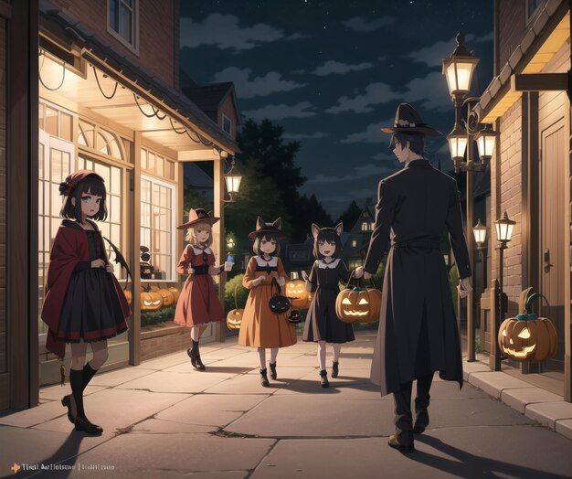 A group of children are walking down a street with pumpkins on the wall.