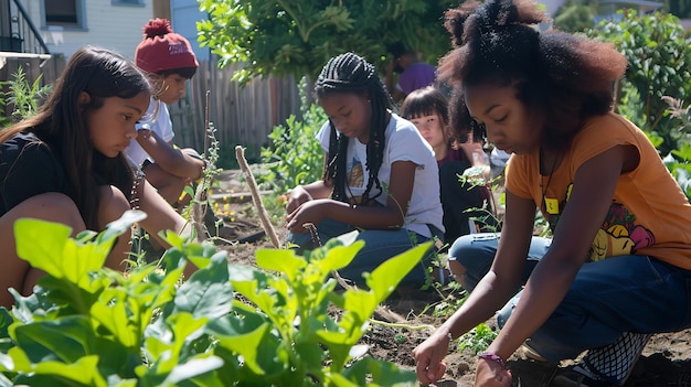 Foto un gruppo di bambini sta lavorando in un giardino con piante