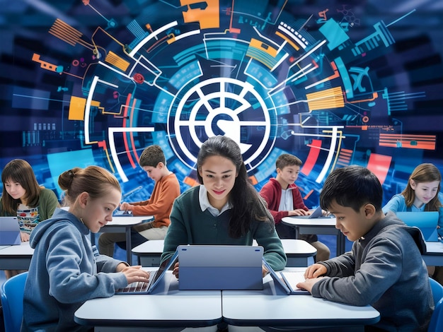 a group of children are working on laptops in a circle with the word quot at the bottom quot