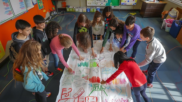A group of children are working together on a large art project