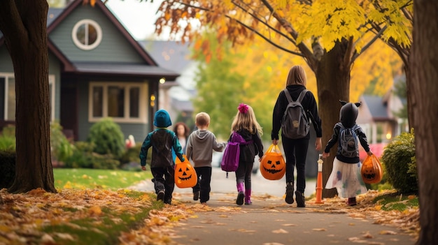 a group of children carry pumpkins down a street.