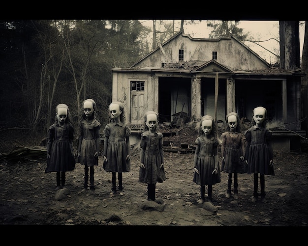 Photo a group of children in costumes stand in front of a house that saysthe little girls