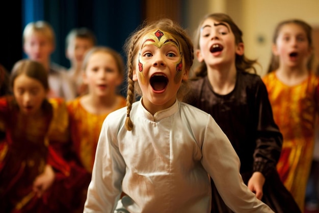 A group of children in costumes with their mouth open and one of them has a mouth full of teeth.