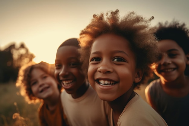 a group of children of different nationalities run on the grass against the backdrop of a park and greenery generative ai