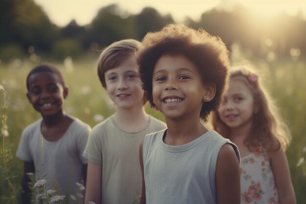 Foto un gruppo di bambini di diverse nazionalità corre sull'erba sullo sfondo di un parco e del verde generativo ai