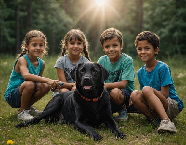 a group of children and a dog with the word on it