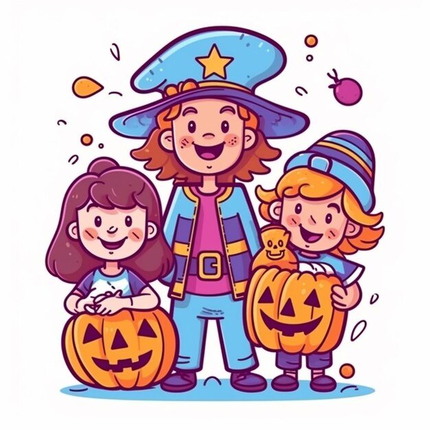 A group of children dressed as witches and pumpkins generative ai