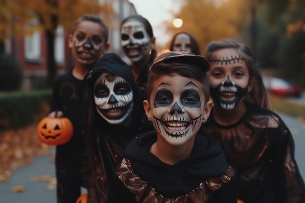 group of children dressed up as skeletons enjoy trickortreating in the street