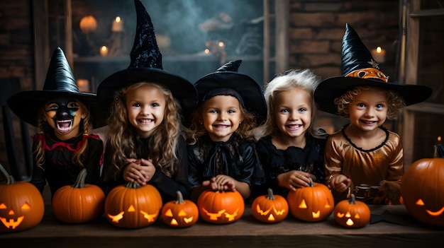 Группа детей, одетых в костюмы Хэллоуина.