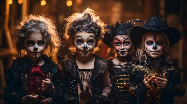 A group of children dressed up in Halloween costumes