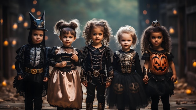 A group of children dressed up in Halloween costumes