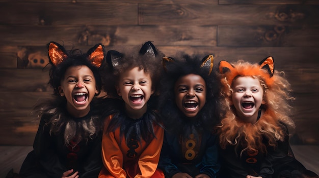 A group of children dressed up in Halloween costumes