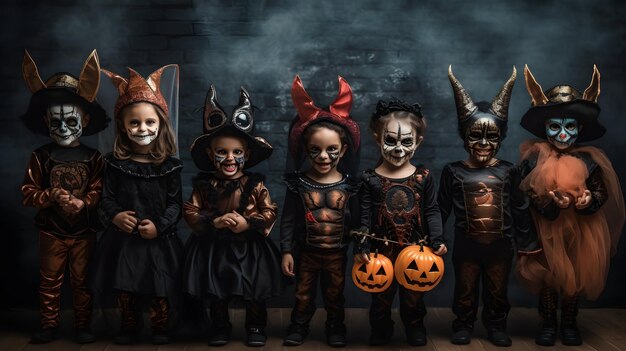 A group of children dressed up in Halloween costumes