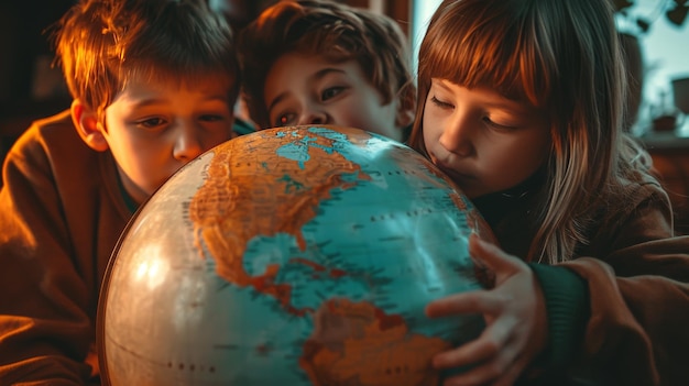 Foto gruppo di bambini impegnati nell'esplorazione del mondo con un globo giorno dei bambini