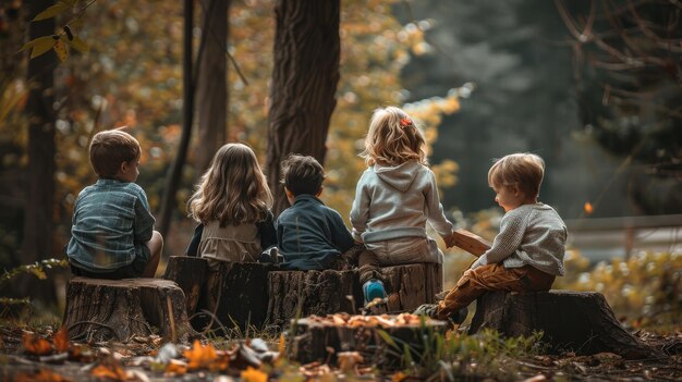 A group of children enjoying a magical moment while sitting together on top of a weathered tree stum