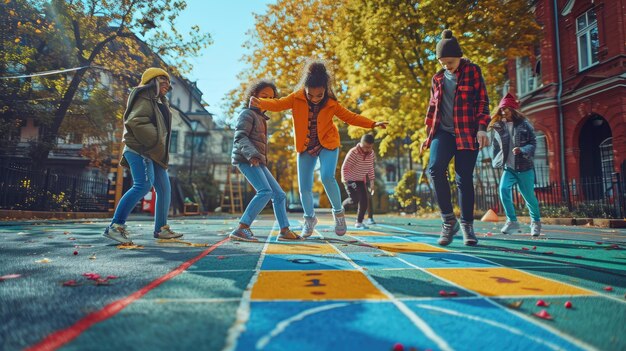 Foto gruppo di bambini che si divertono a giocare alla giornata dei bambini del parco giochi