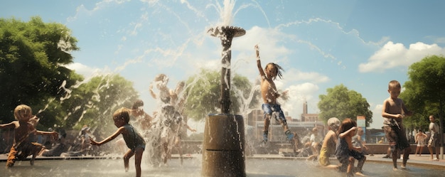 Foto gruppo di bambini che si godono una giornata di sole giocando in una fontana d'acqua pubblica con spruzzi d'acqua e s