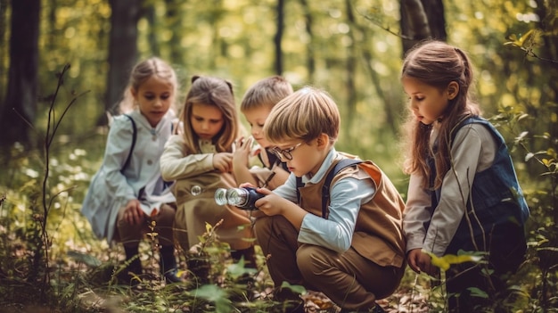 A group of children exploring a nature trail with magnifying glasses binoculars and curiosity in