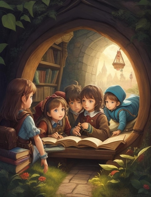 A group of children eyes wide with wonder as they explore a fantastical world of adventure within