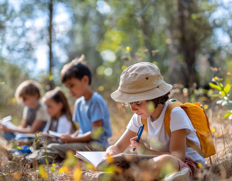 自然の中の野外旅行中の子供たちのグループが手にノートブックとペンを持っています