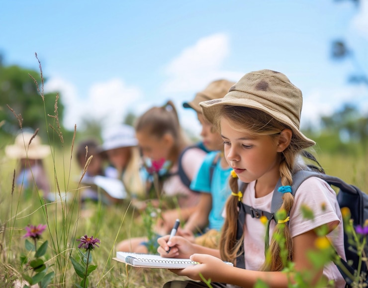 自然の中の野外旅行中の子供たちのグループが手にノートブックとペンを持っています