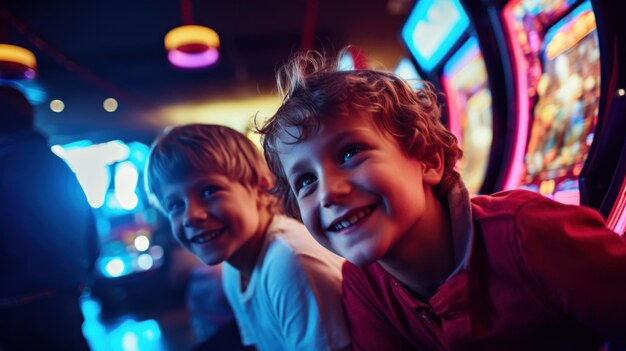 Photo group of children friends playing games in retro arcade game hall