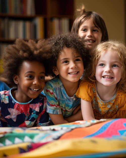 Группа детей разного этнического происхождения счастливо проводит время в детском саду.