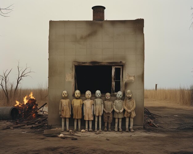 Photo a group of children in front of a building with the words  the  the  on the bottom