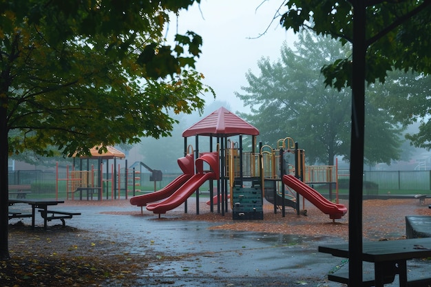 雨の日、真っ赤な傘をさして遊び場で楽しく遊ぶ子どもたちのグループ 小雨が降る中のにぎやかな遊び場 AI 生成