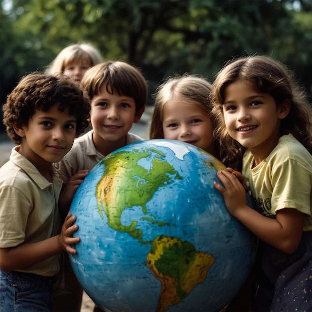 Foto un gruppo di bambini tiene in mano un globo con il mondo su di esso