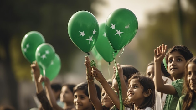 A group of children holding balloons with the star on them.