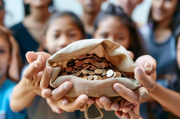 Photo a group of children holding coins and a bag of coins