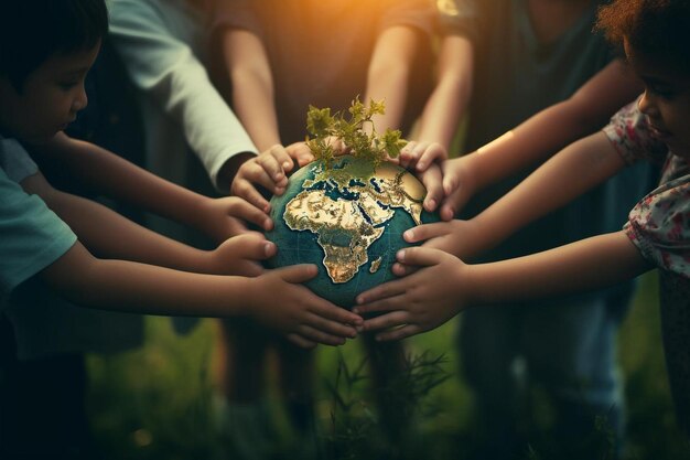 Photo a group of children holding a globe with a plant growing out of it