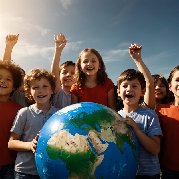 지구 라는 단어 가 새겨진 지구 를 들고 있는 어린이 들 의 집단