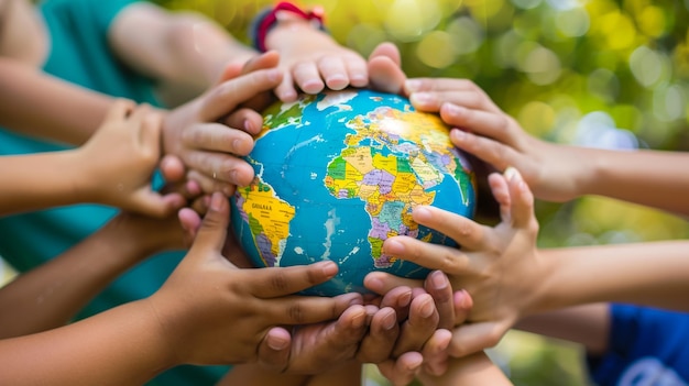 a group of children holding a globe with the world around it