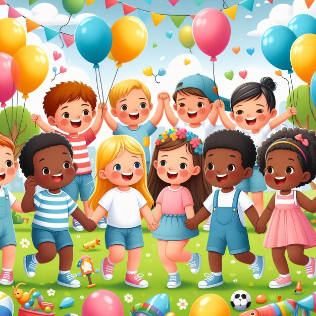 a group of children holding hands with balloons and the words kids on the bottom