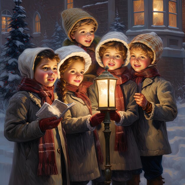 Photo a group of children holding a light in the snow