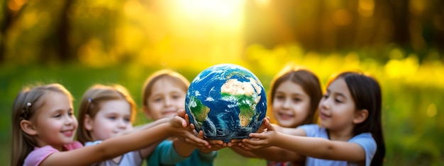 Group of children holding planet earth on nature background with copy space