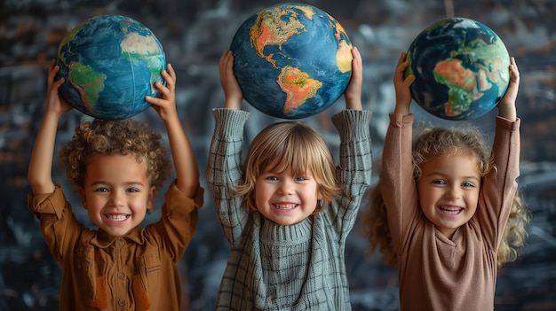 Group of children holding up an earth for greenland and earth day global environment climate