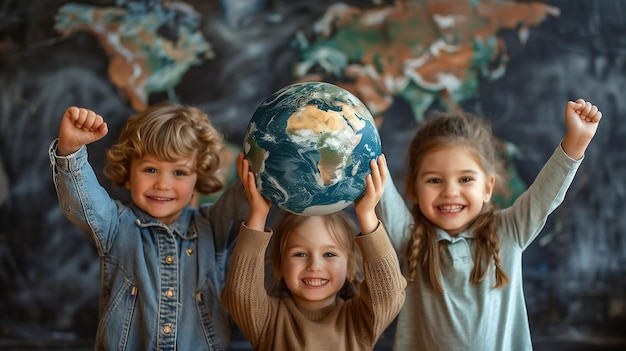 Group of children holding up an earth for greenland and earth day global environment climate
