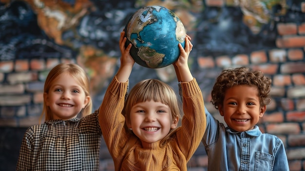 Group of children holding up an earth for greenland and earth day global environment climate