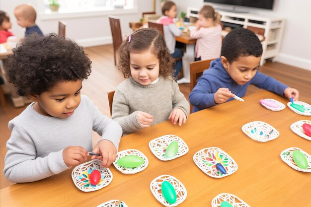 Group of Children Joyfully Engaged in Creating Easter Decorations and Drawing on Colorful Eggs